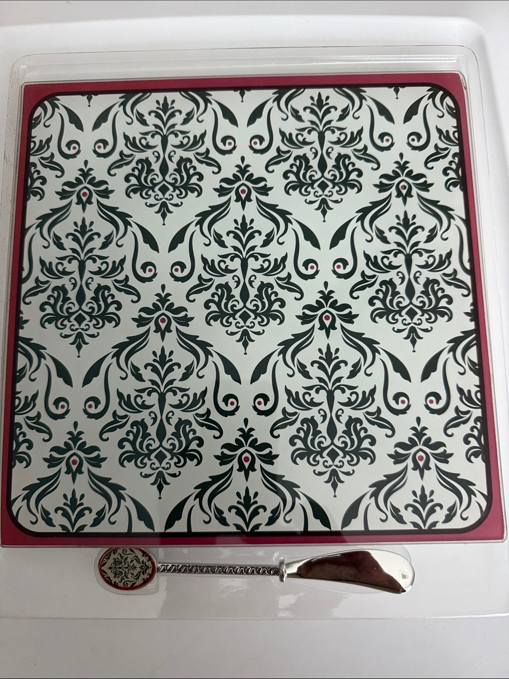 ❤️Kirklands White and Dark Green Decorative Serving Board with Pink Accents